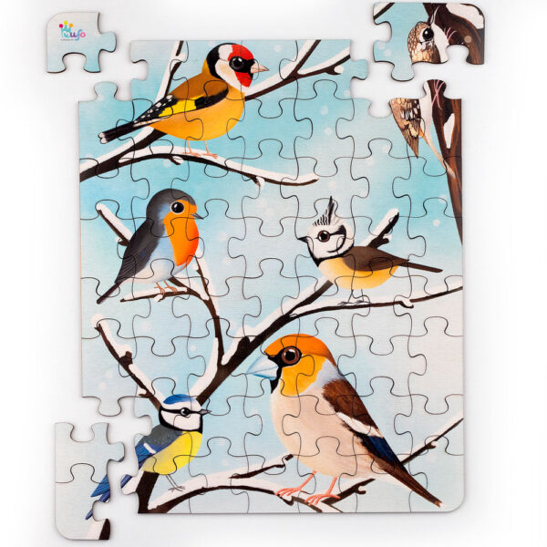 Zimné vtáčatká 56 dielikov - drevené puzzle pre deti - mufotoys.eu